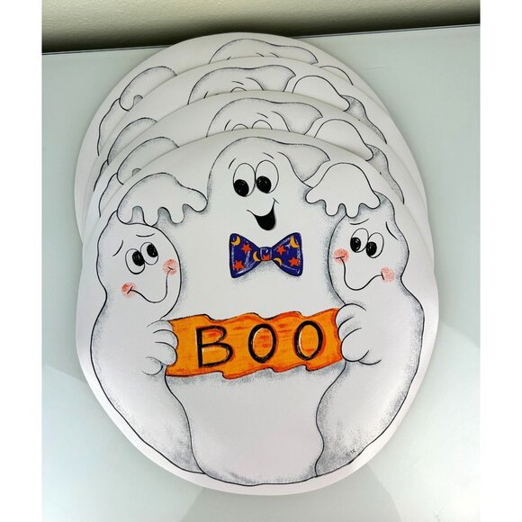 Halloween Ghost Trio BOO Set of 4 Vinyl Circle Placemats Happy Cute Bow Tie - Picture 2 of 13